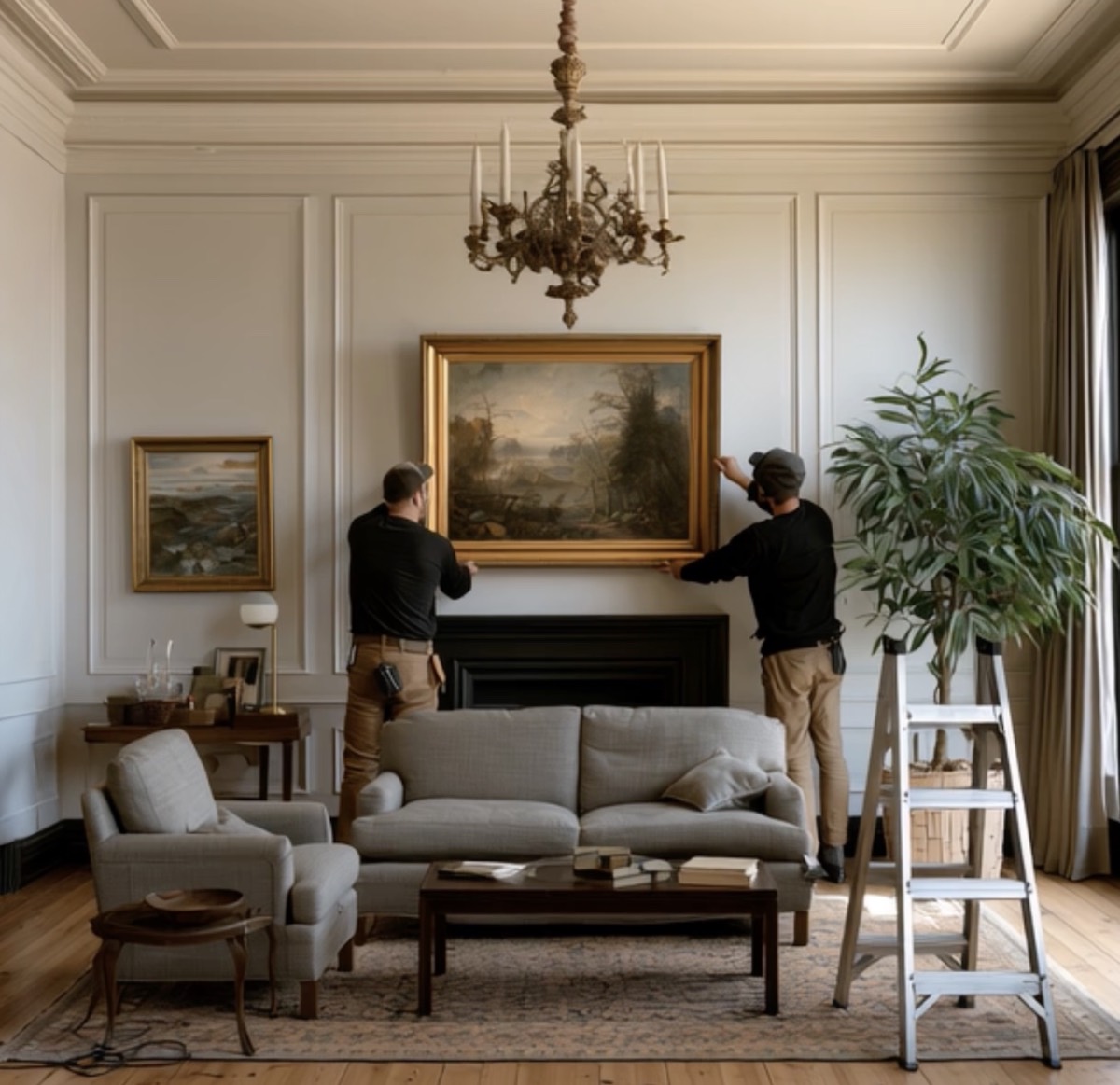 Two art handlers hanging a gilt-framed landscape above a sofa