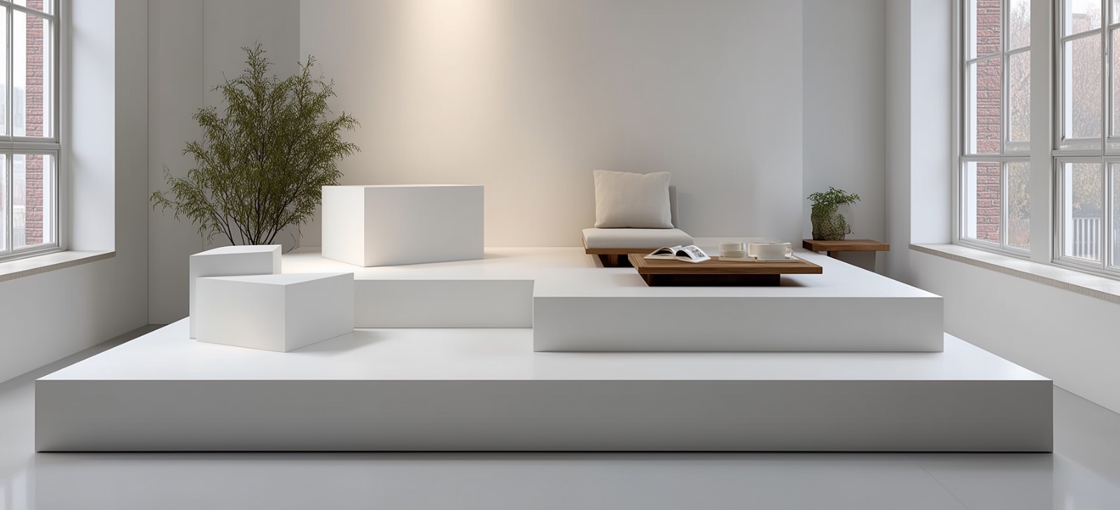 Gallery room with stepped display plinths built by allART fabrication