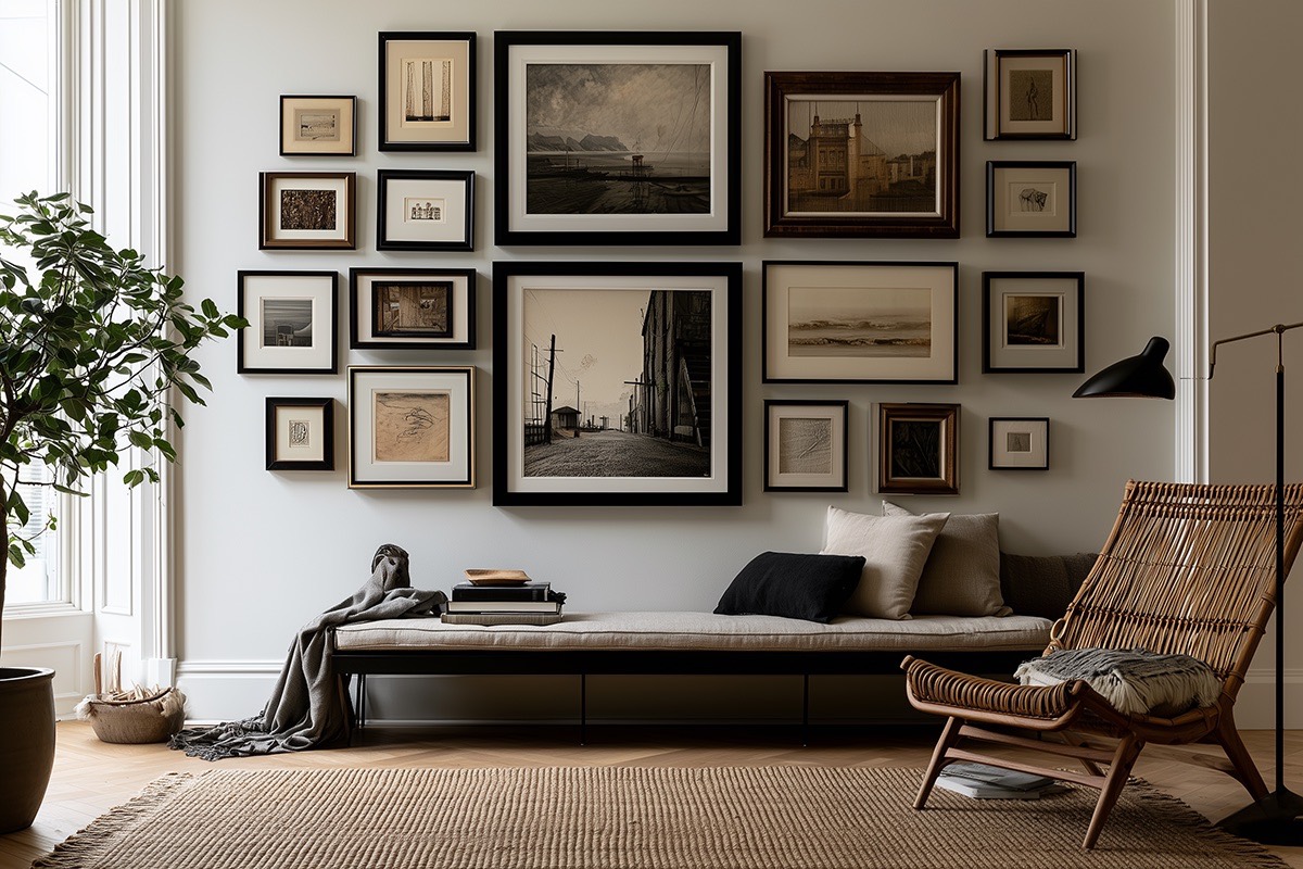 Salon-hung gallery wall above a bench in a light-filled room