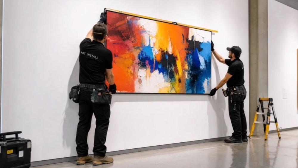 Installer hanging framed artwork on site
