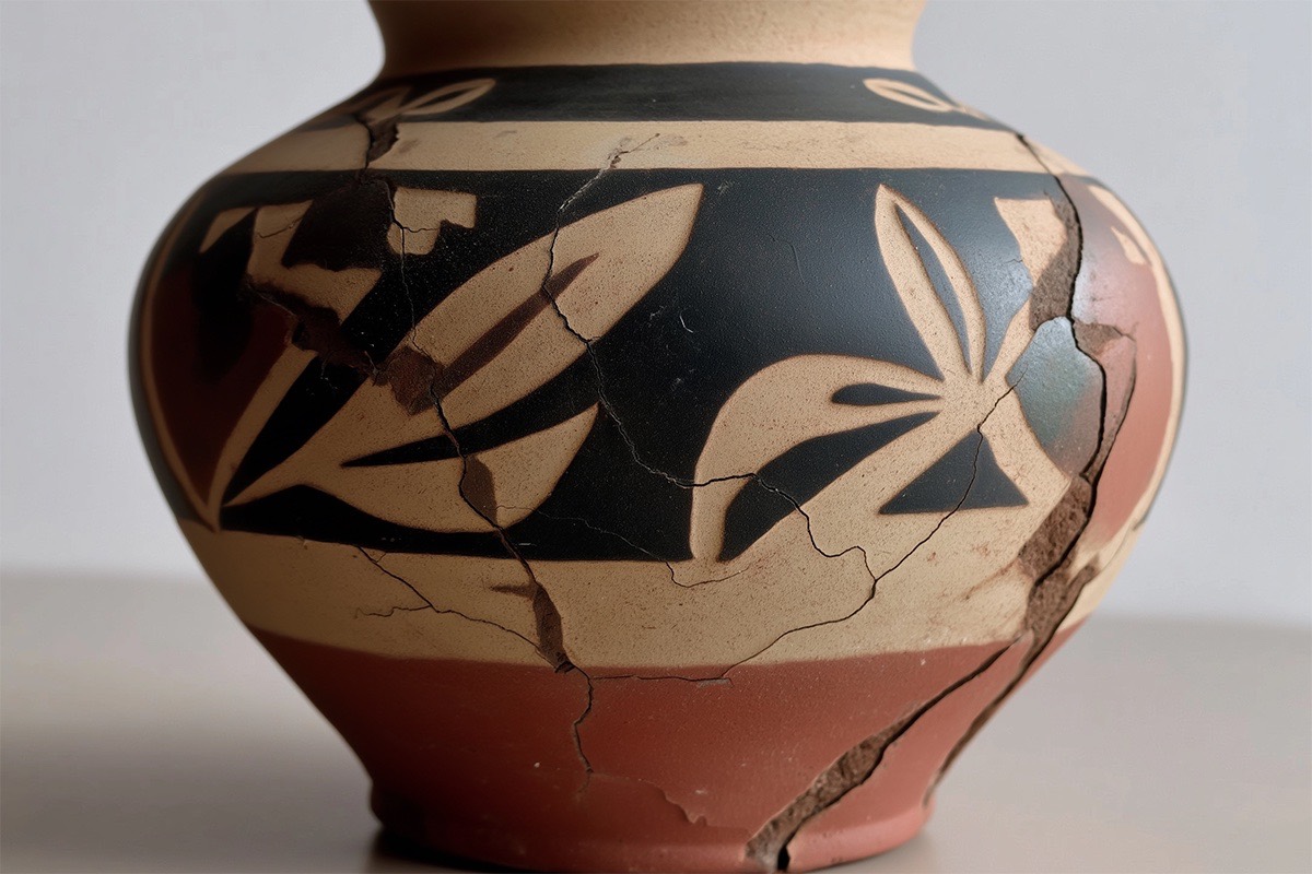 Cracked ceramic vessel awaiting fine art restoration